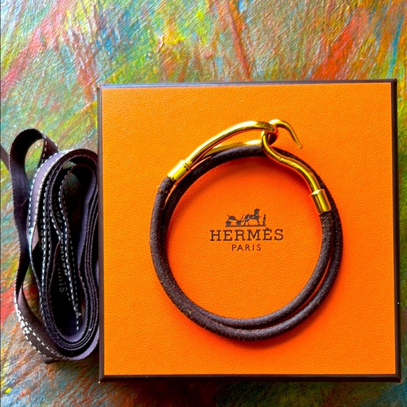 Hermès Jumbo Double Wrap Bangle Bracelet Gold-tone Hardware & Brown Leather &Box - Picture 1 of 16